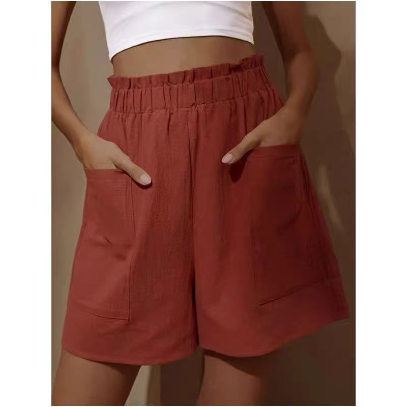 Pantalones cortos casuales de cintura alta de lino y algodón de color liso para mujer