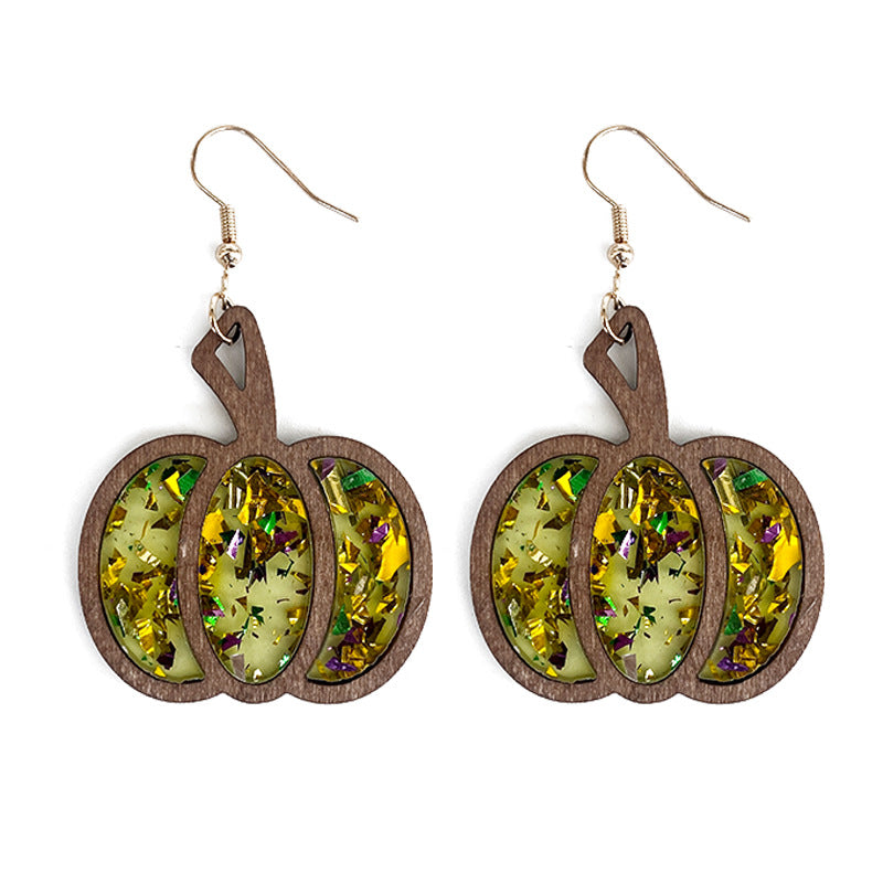 Pendientes de madera con forma de calabaza y purpurina para Halloween para mujer