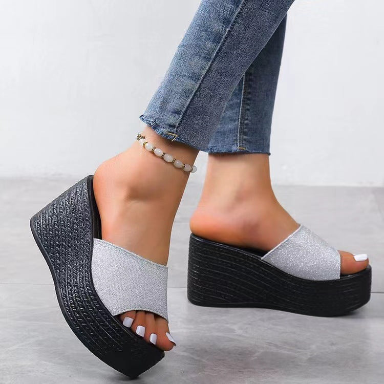Chaussons compensés à talons super hauts pailletés grande taille