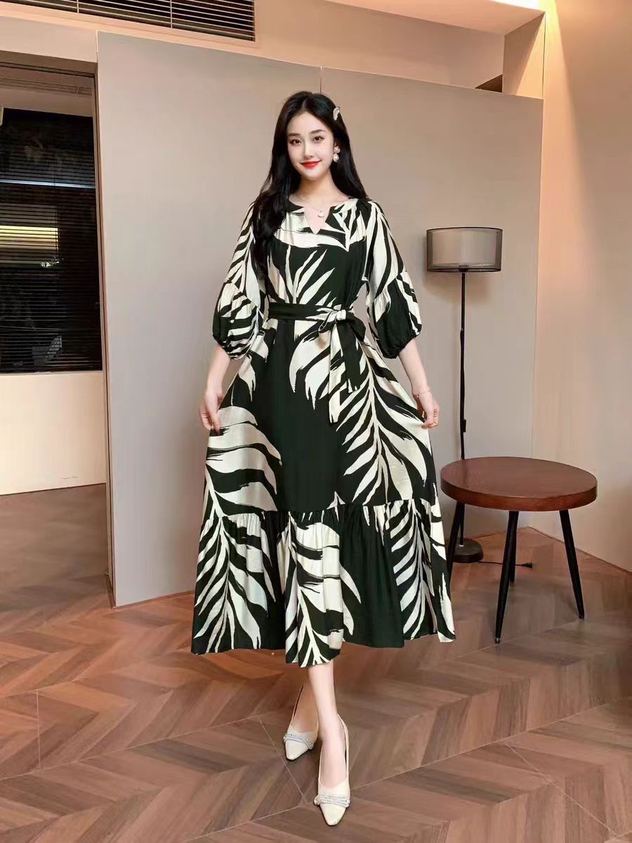 Vestido informal de gasa con cuello en V y estampado para mujer