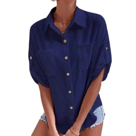Blusas de lino y algodón de color liso a la moda para mujer