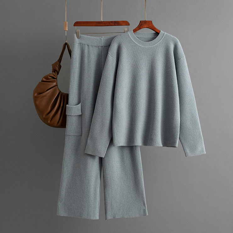 Conjunto de dos piezas de punto de color liso a la moda para mujer