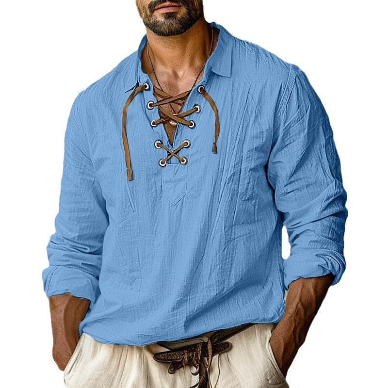 Camisa informal de lino liso con cuello en V y mangas largas para hombre