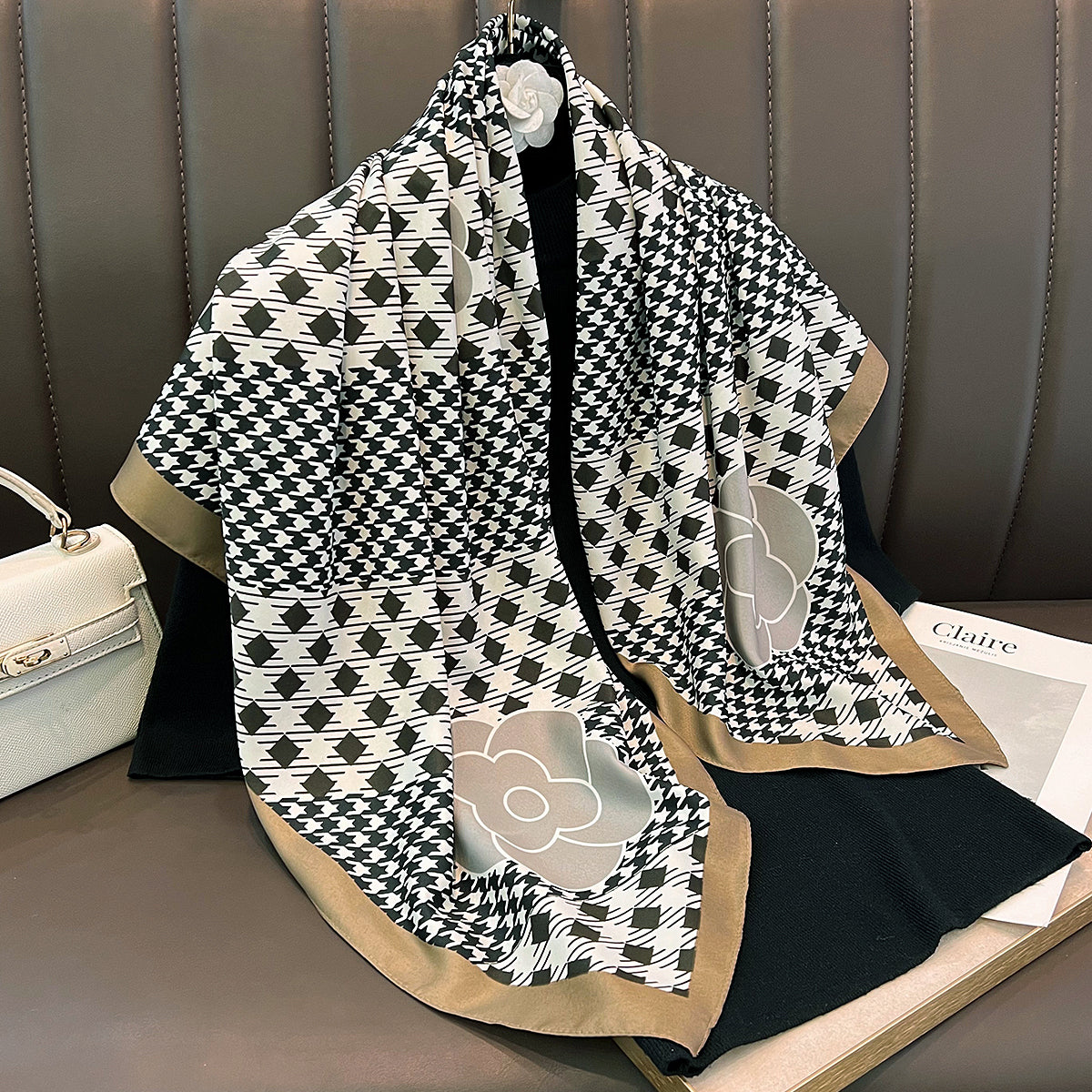 Bufanda de seda con diseño de pata de gallo para mujer, accesorio cuadrado grande geométrico