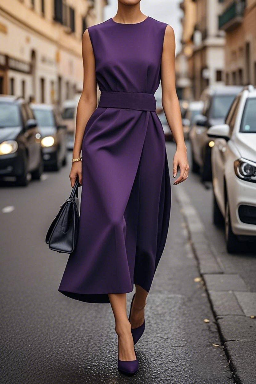 Vestido casual sin mangas de color sólido para mujer con cuello redondo
