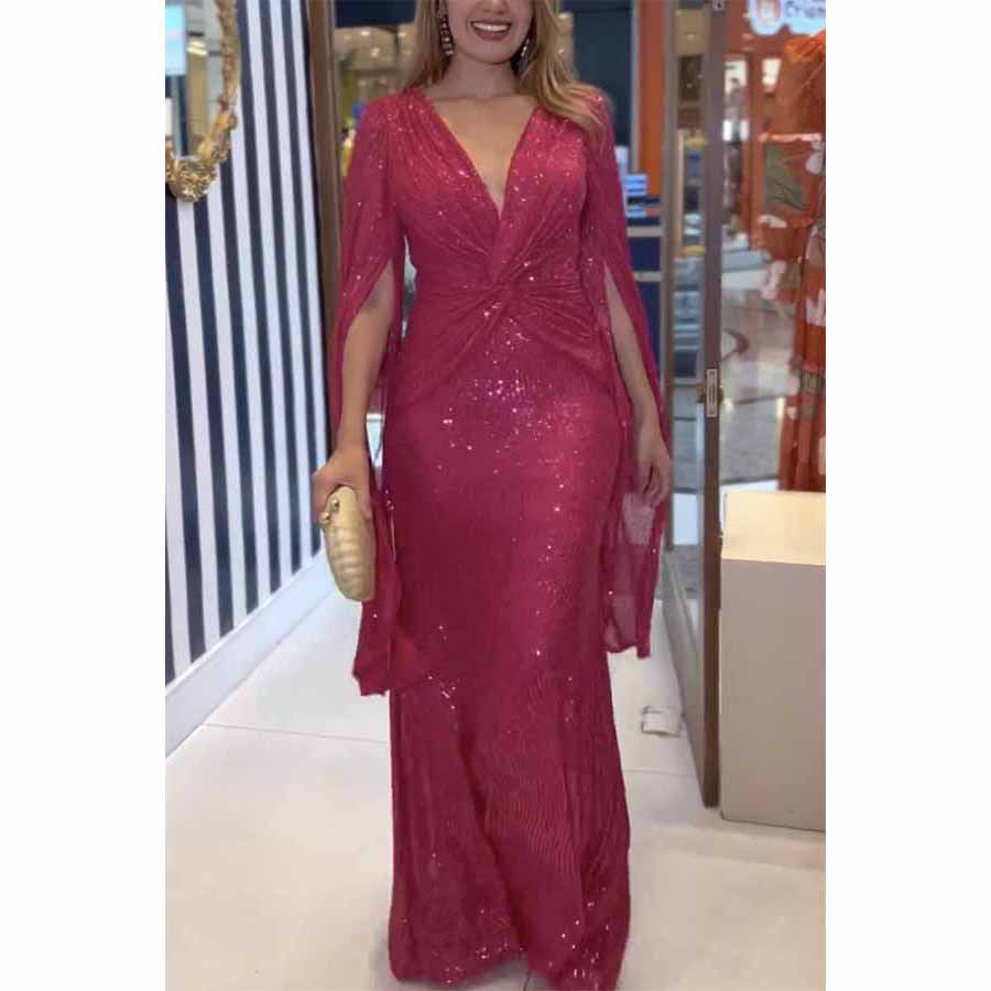 Women Fashion Elegant Solid Color Sequins Dress