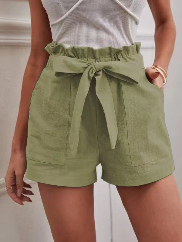 Women Casual Linen Solid Color Loose Pocket Shorts