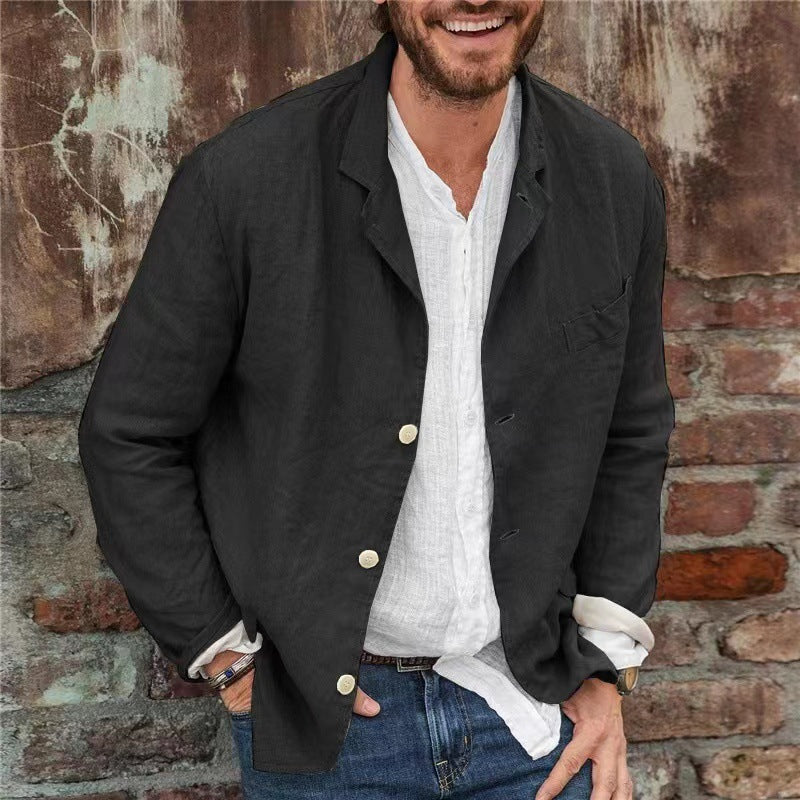 Men Fashion Casual Solid Color Linen Long Sleeve Blazer