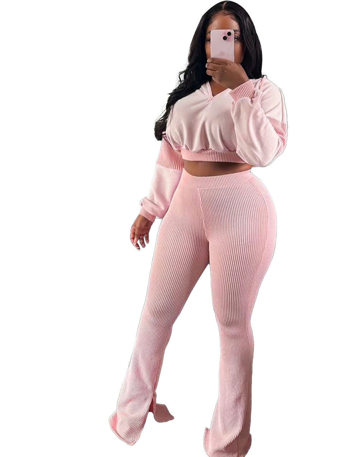 Women Casual Long-Sleeve Hoodie and Flare Pants Set