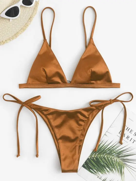 Women Fashion Sexy Solid Color Strap Bikini Swimsuit Set