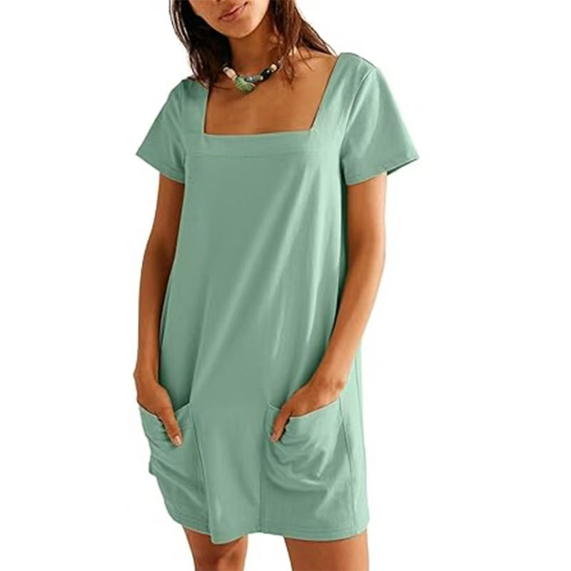 Women Fashion Casual Solid Color Square Neck Dress