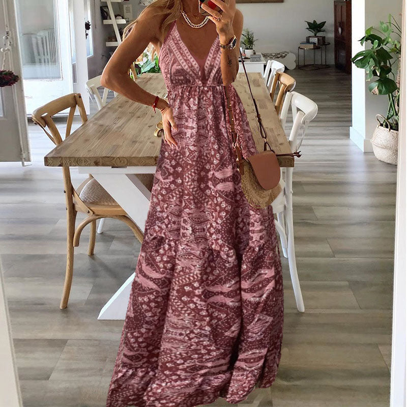 Vestido largo bohemio informal con estampado de flores diminutas y escote en V con tirantes para mujer