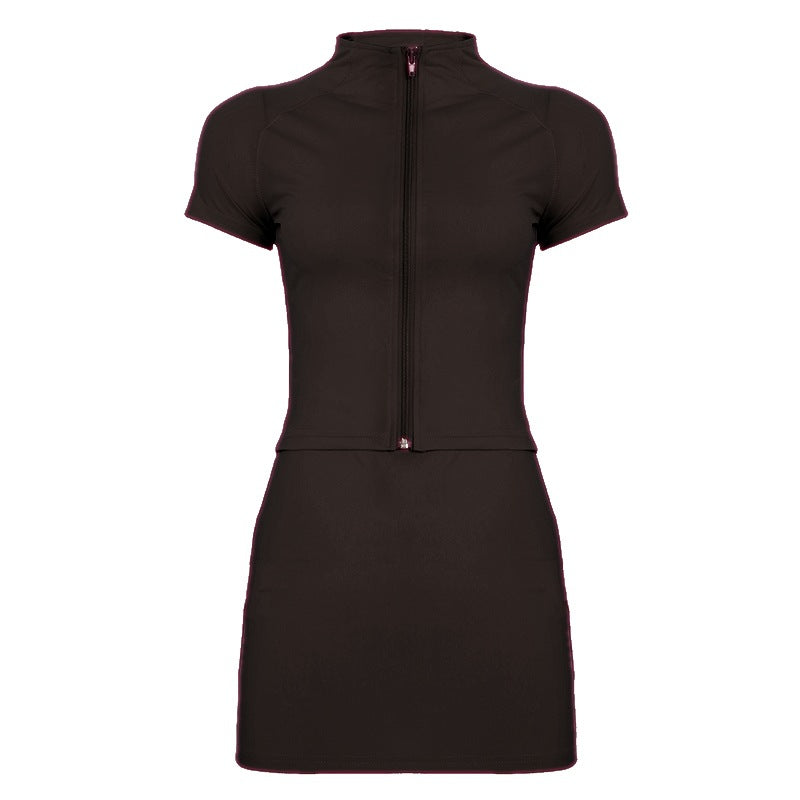 Women’s Fashion Solid Color Short-Sleeve Zipper T-Shirt Set