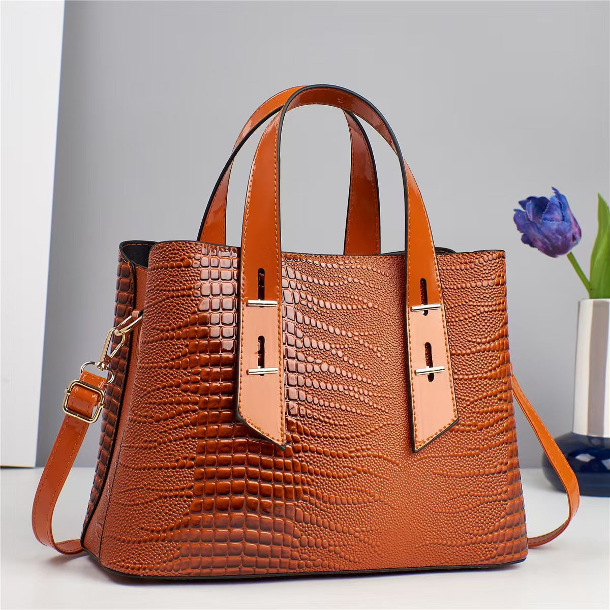Sac à main décontracté de grande capacité pour femme, couleur unie, motif crocodile