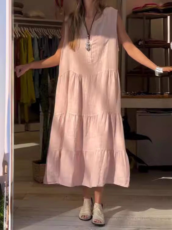Vestido largo informal de verano para mujer, color liso, con cuello en V