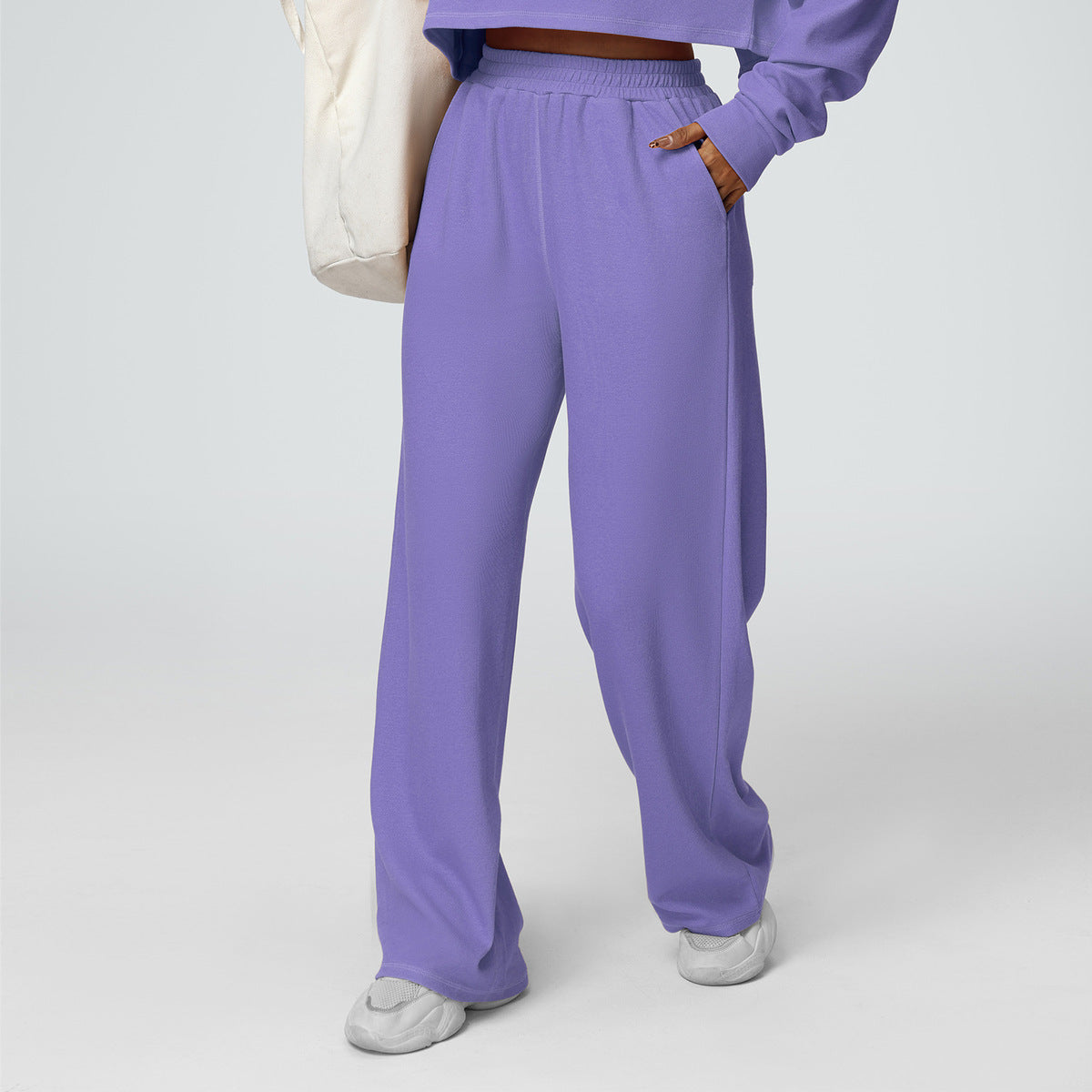 Pantalon de sport décontracté taille haute à jambes larges pour femme en coton