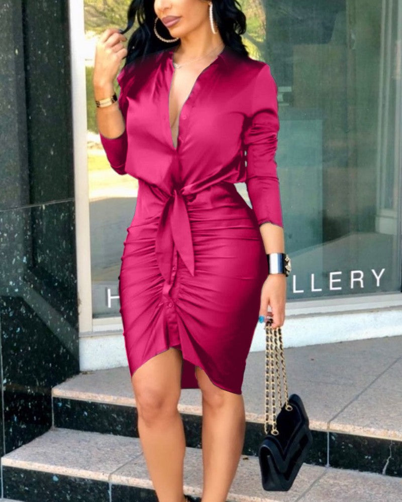 Women Summer V-Neck Lace-Up Plaid Shirt Dress