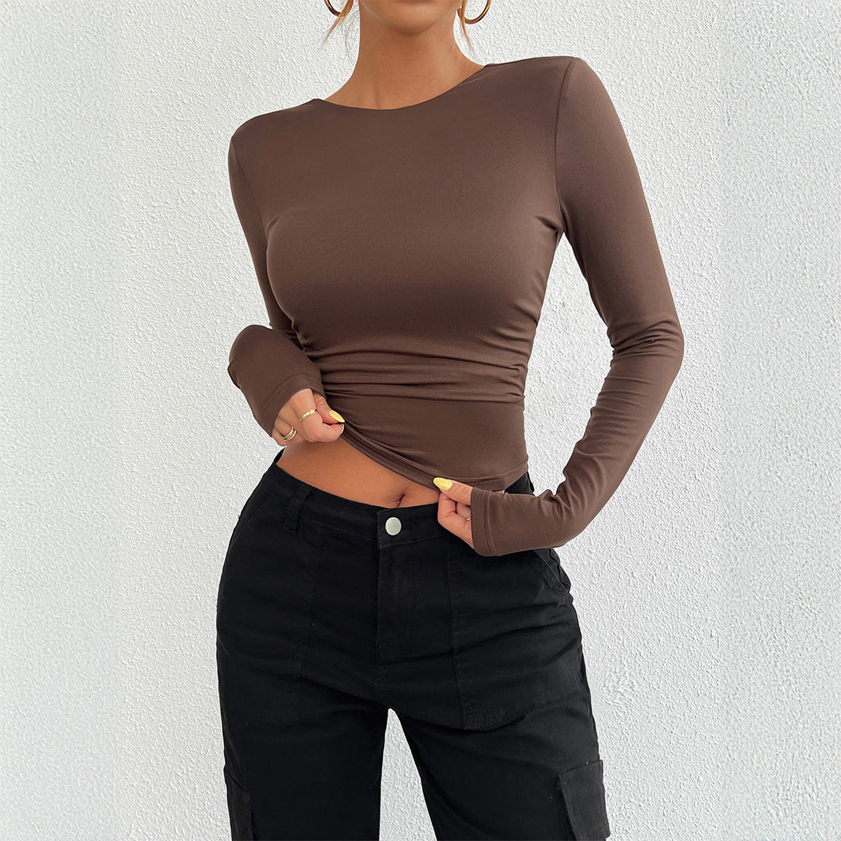 Women Fashion Casual Backless Crewneck Long Sleeve Blank T-Shirt