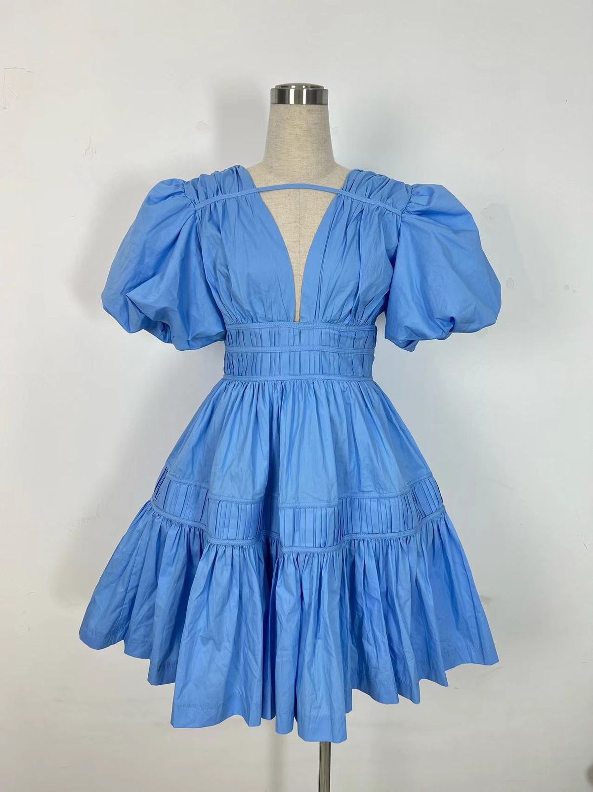 Women Fashion Elegant Solid Color V-Neck Puff Sleeve Dress