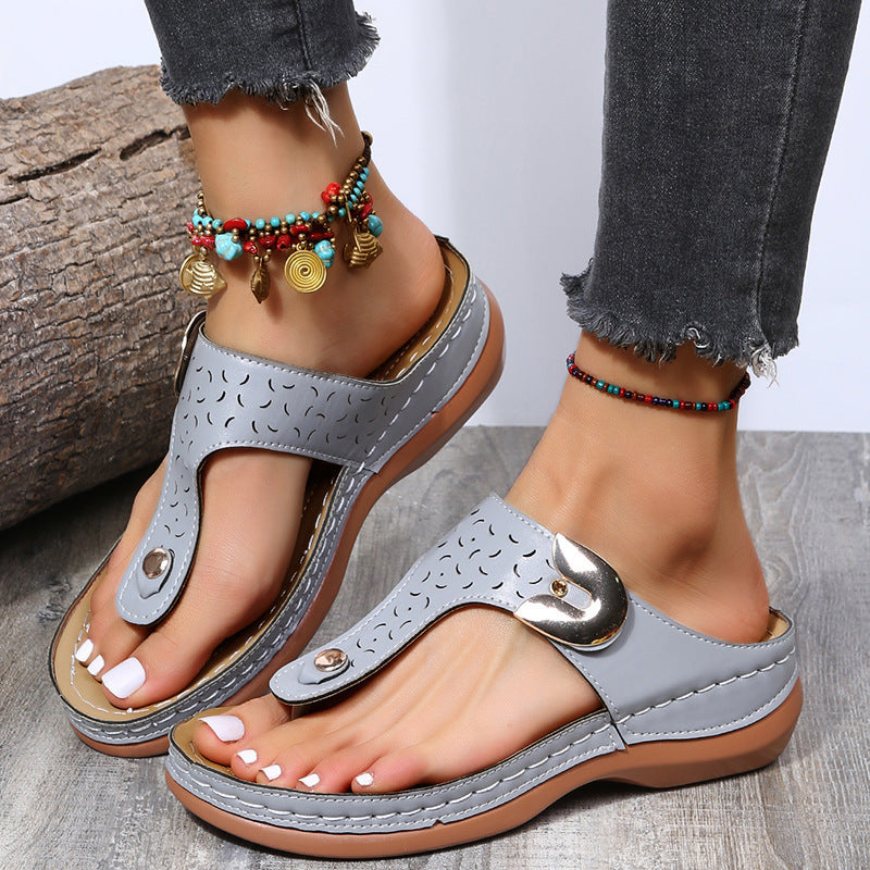 Women Fashion Casual Solid Color Wedge Slippers with Buckle