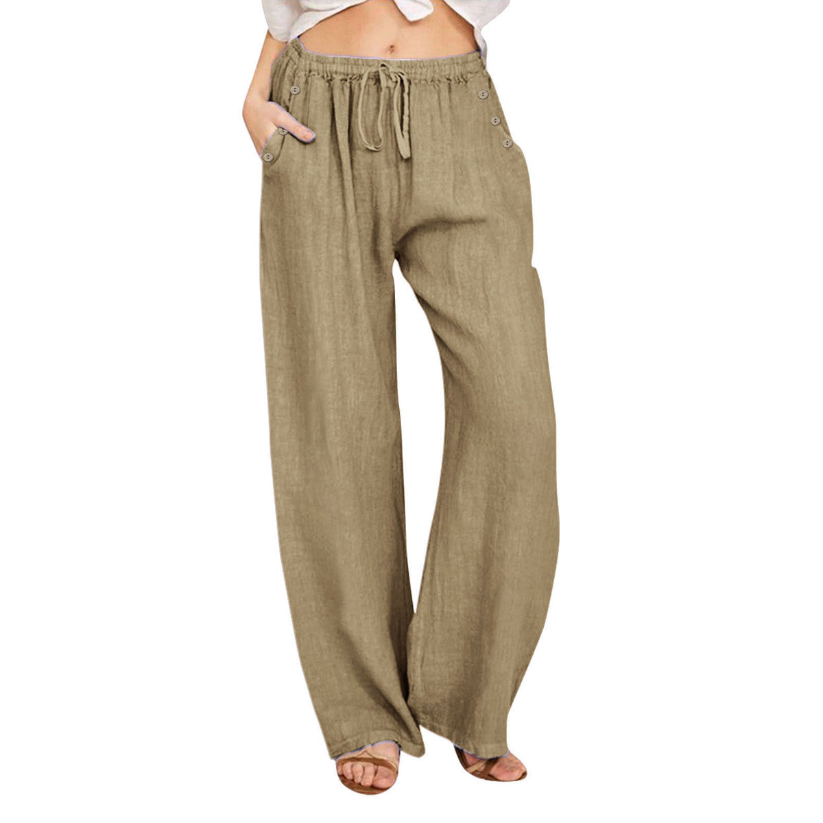 Pantalon décontracté en coton et lin de couleur unie pour femme