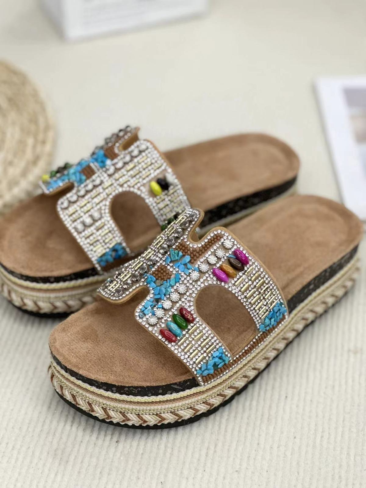 Pantuflas informales tejidas con diamantes de imitación a la moda para mujer