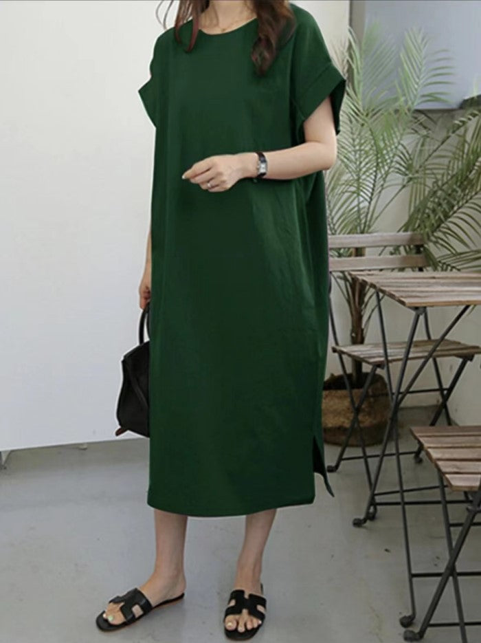 Robe ample décontractée en coton et lin de couleur unie pour femme