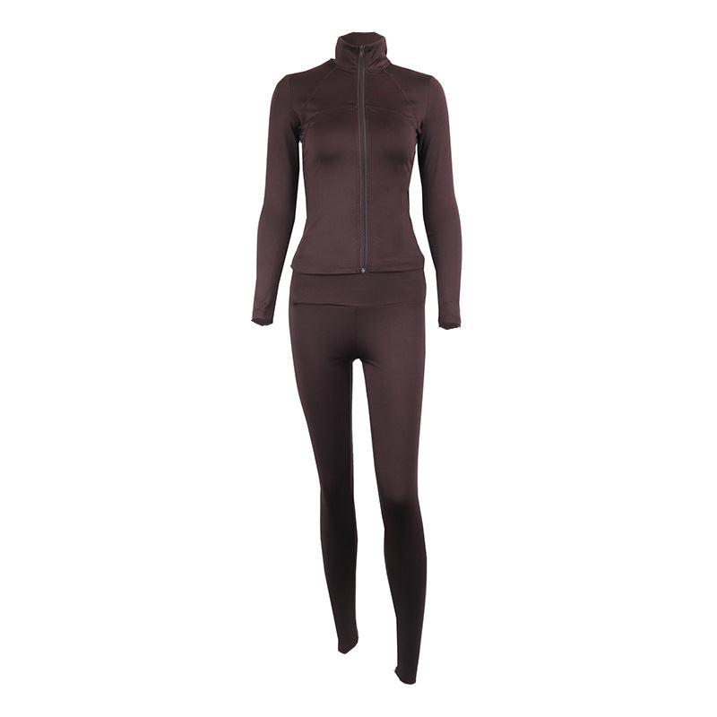 Conjunto de chaqueta informal con cuello alto y cremallera para mujer