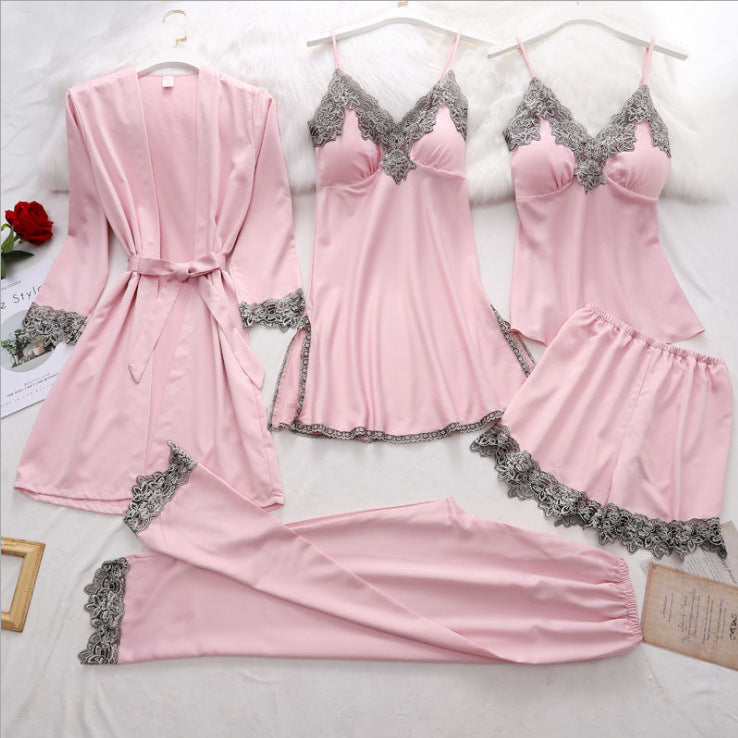 Women Elegant Edgy Color Blocking Casual Satin Pajamas Set