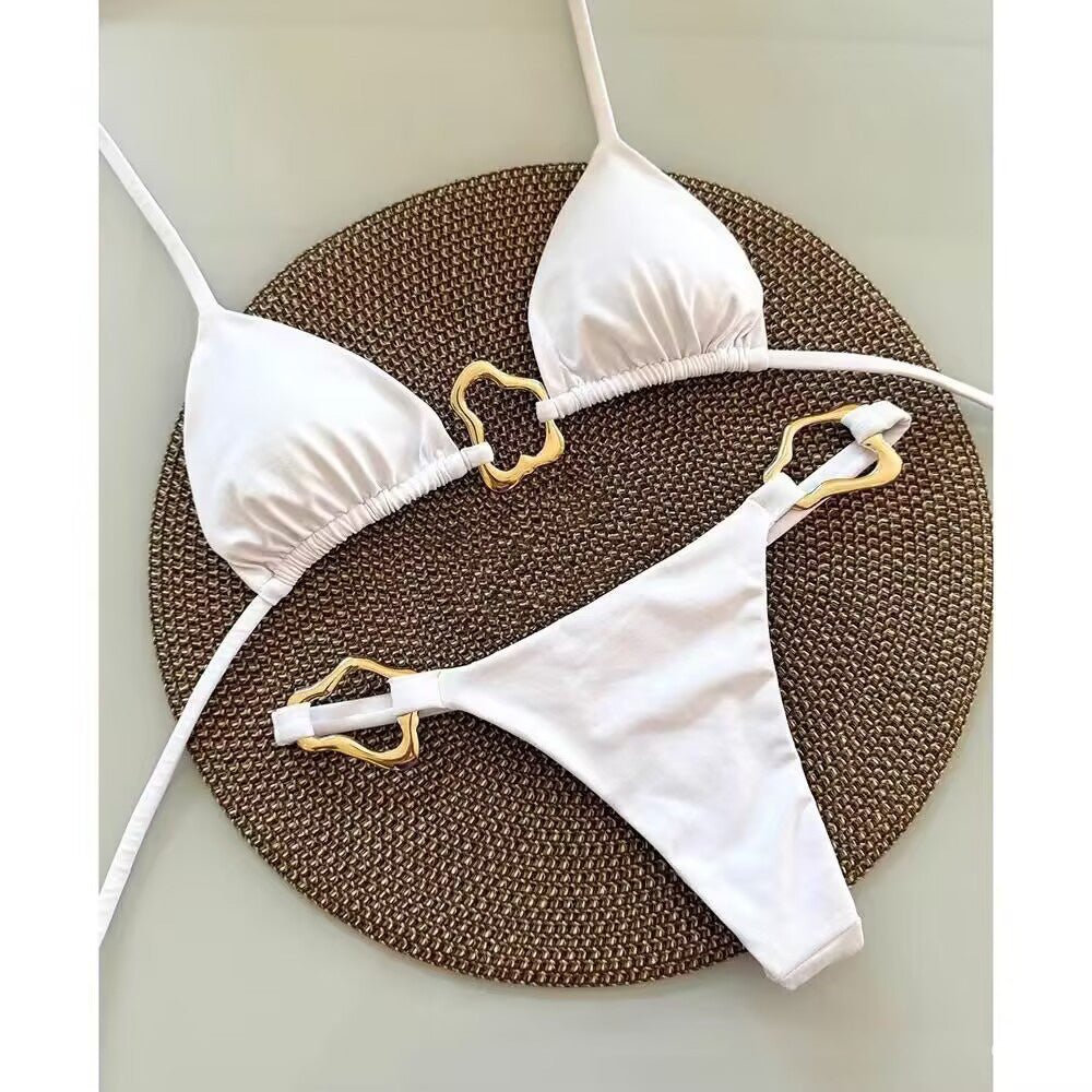 Bikini sexy de cuello halter de color sólido a la moda para mujer