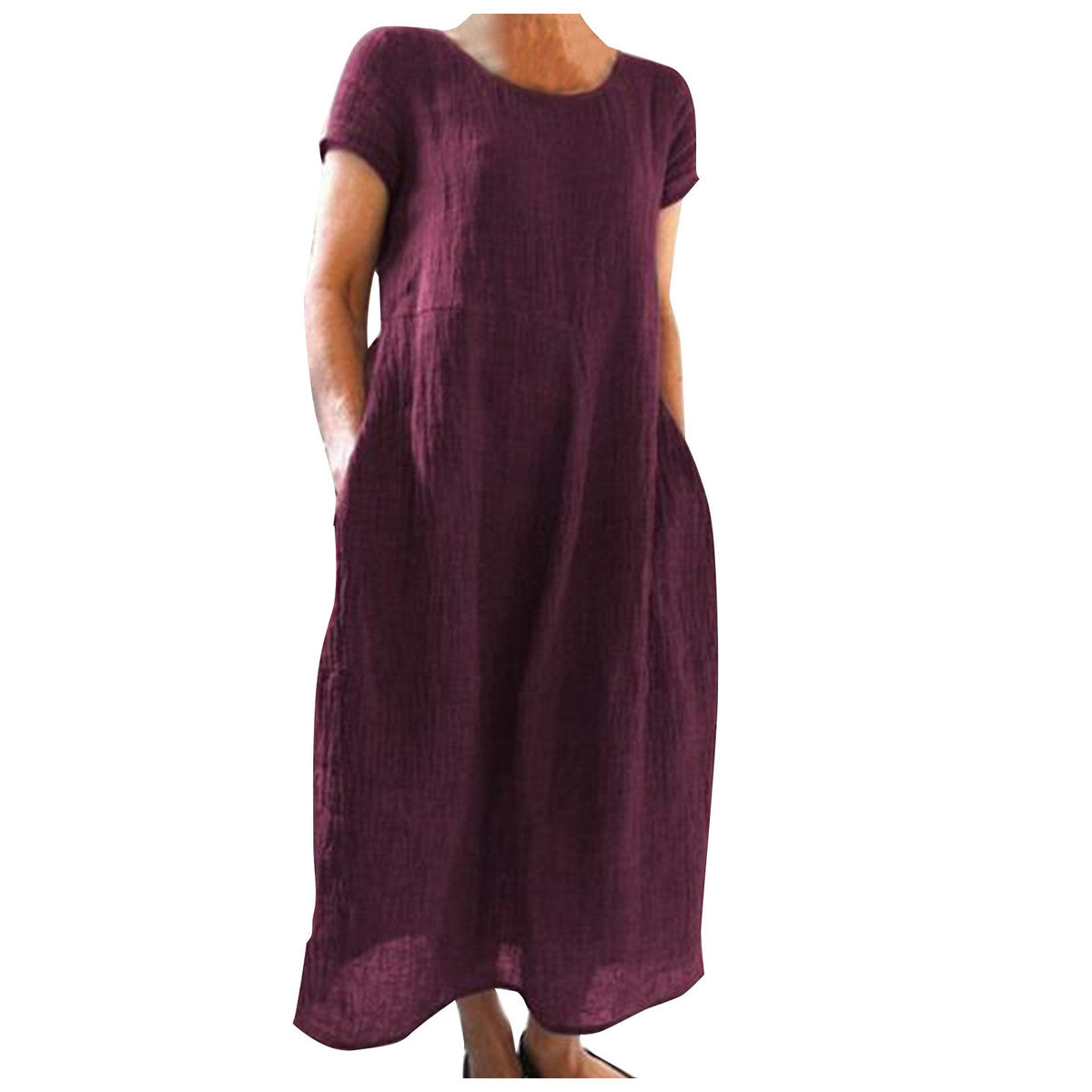 Vestido informal holgado de algodón y lino de color liso para mujer