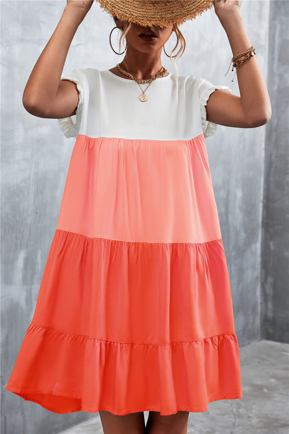Women Bohemian Summer Short Sleeves Color Blocking Ruffled Dress