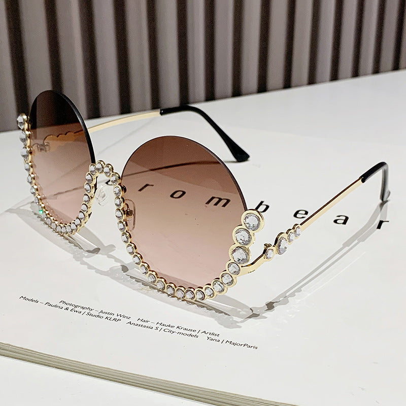 Fashion Metal Rhinestone Round Half Frame Sunglasses