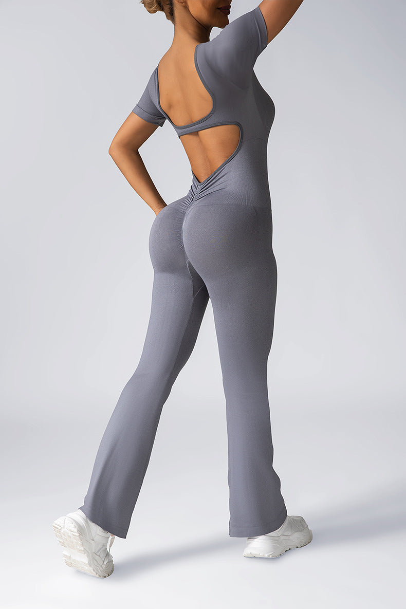 Women Fashion Casual Solid Color Seamless Short-Sleeve Backless Yoga Jumpsuits