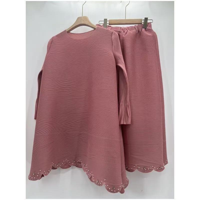 African Women Pleated Solid Color Beaded Casual Set