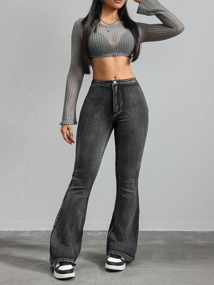 Women Fashion Casual Solid Color Stretch High Waist Wide Leg Flared Jeans