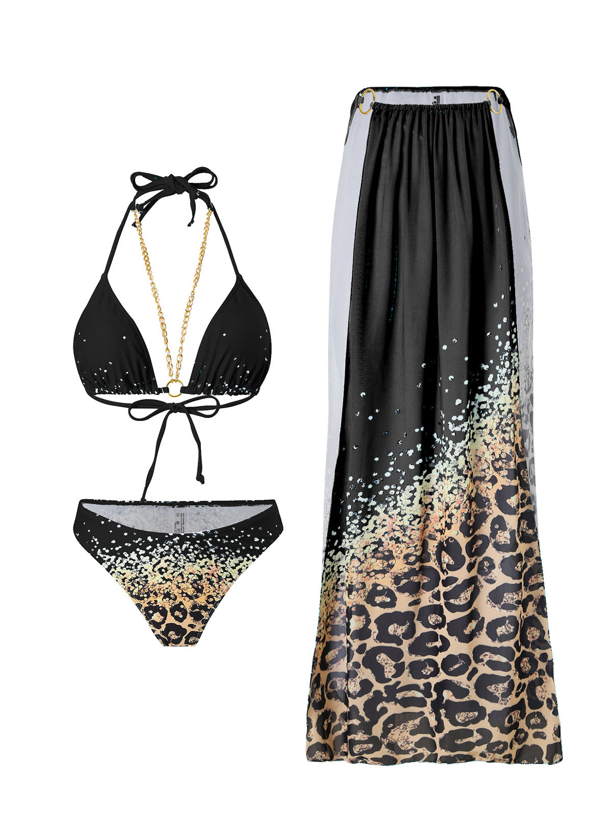 Conjunto de bikini de tres piezas con cadena y estampado de leopardo sexy para mujer