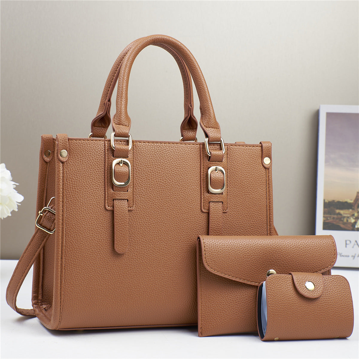 Classic Litchi Pattern Women Bag Set with Multiple Colors