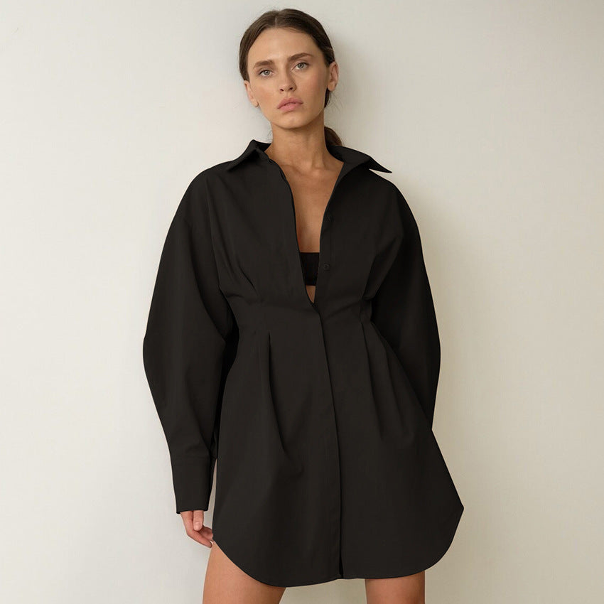 Vestido camisero elegante de manga larga en color liso para mujer