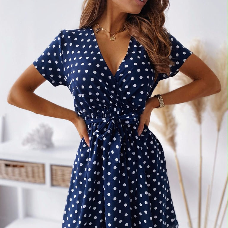 Women’s Casual Dot Print V-Neck Loose Dress