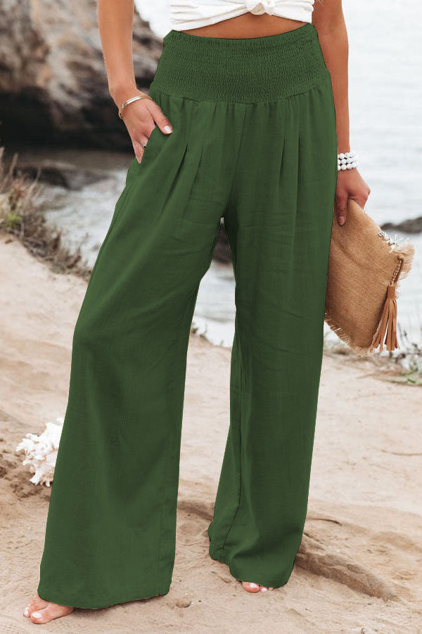 Pantalones anchos de lino y algodón para mujer con bolsillos