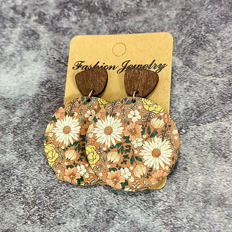 Boucles d'oreilles bohèmes rétro en bois avec coutures florales