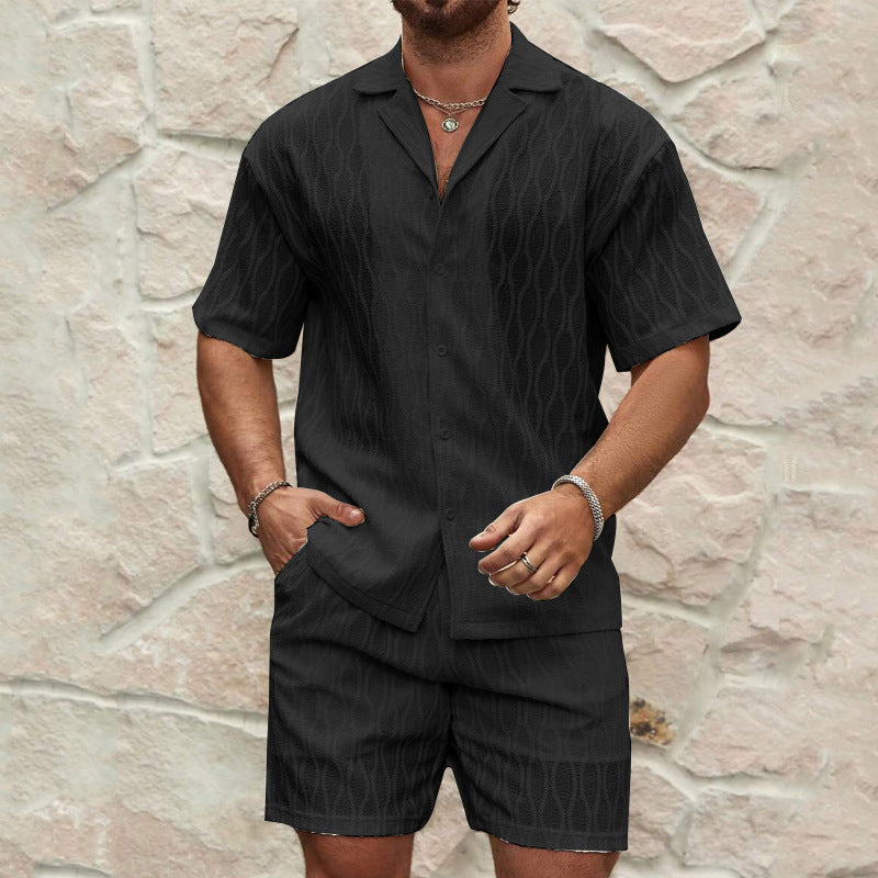 Conjunto de camisa y pantalones cortos de manga corta con solapa y estilo vacacional para hombre