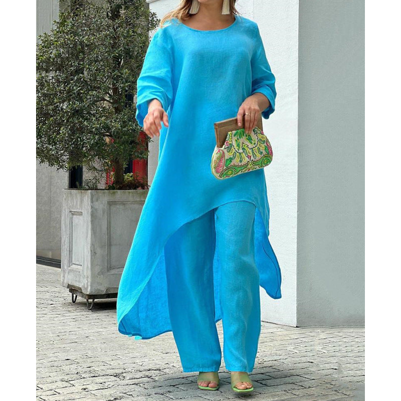 Women Fashion Casual Solid Color Cotton Linen Set