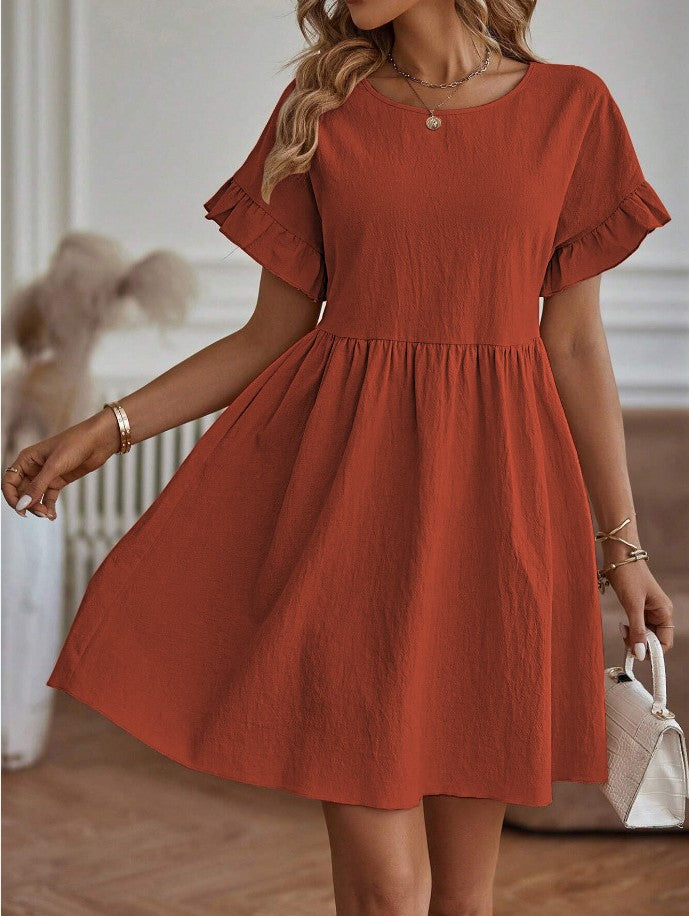 Summer Women Casual Solid Color Round Neck Dress
