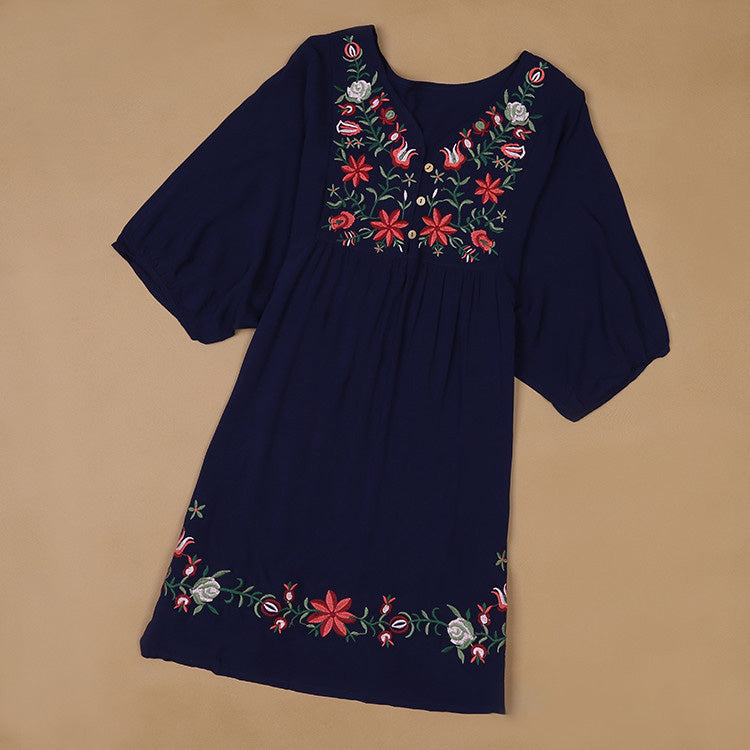 Women Casual Boho Floral Embroidered V-Neck Short-Sleeve Dress