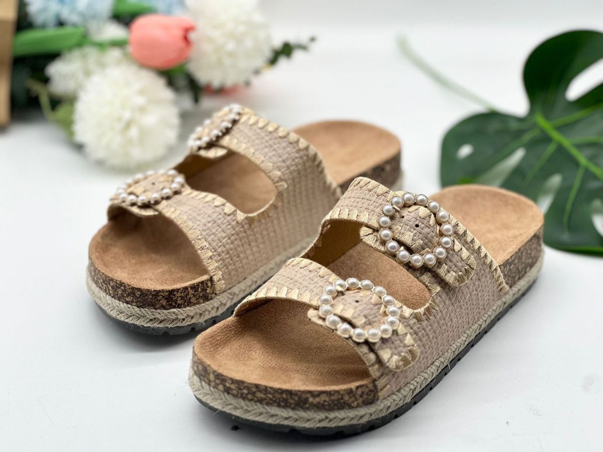 Chaussons de vacances décontractés à double boucle et perles pour femmes