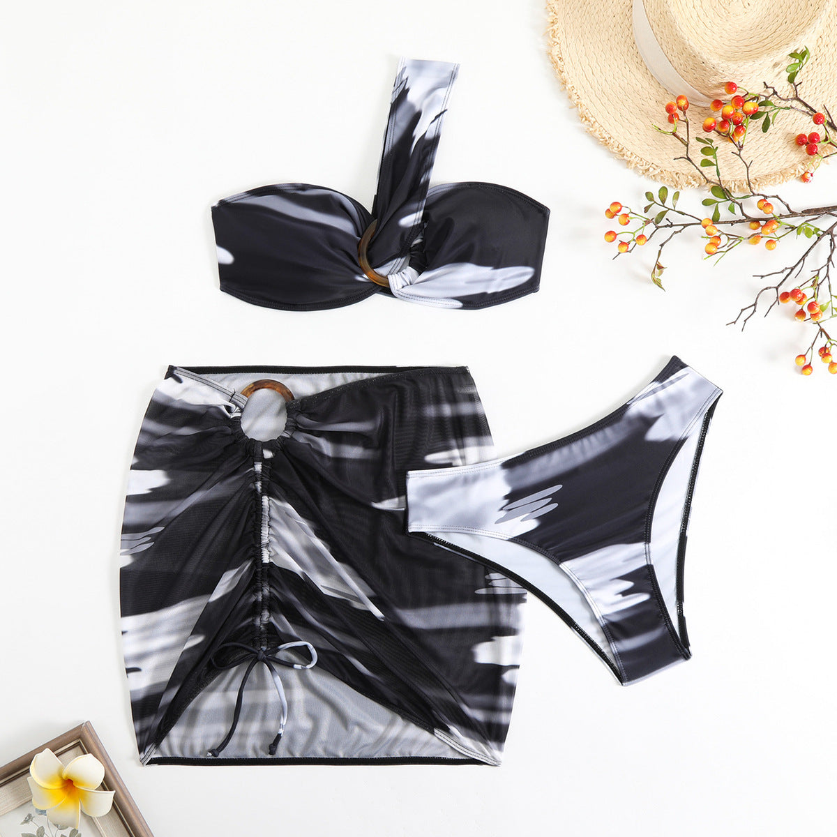 Traje de baño sexy de tres piezas con estampado tie-dye para mujer