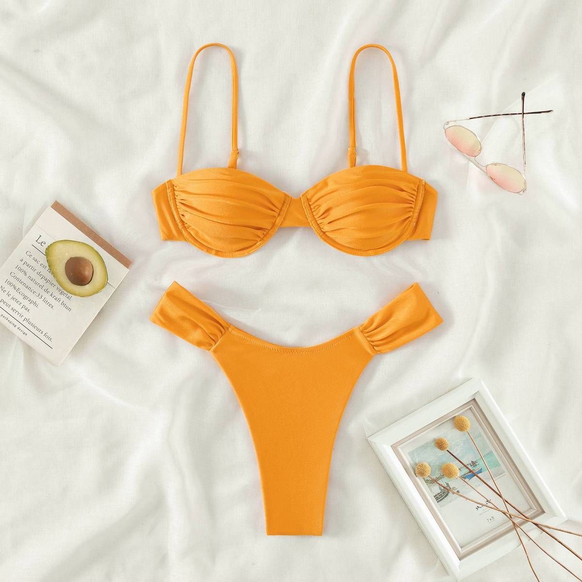 Traje de baño bikini plisado de color sólido sexy de moda para mujer