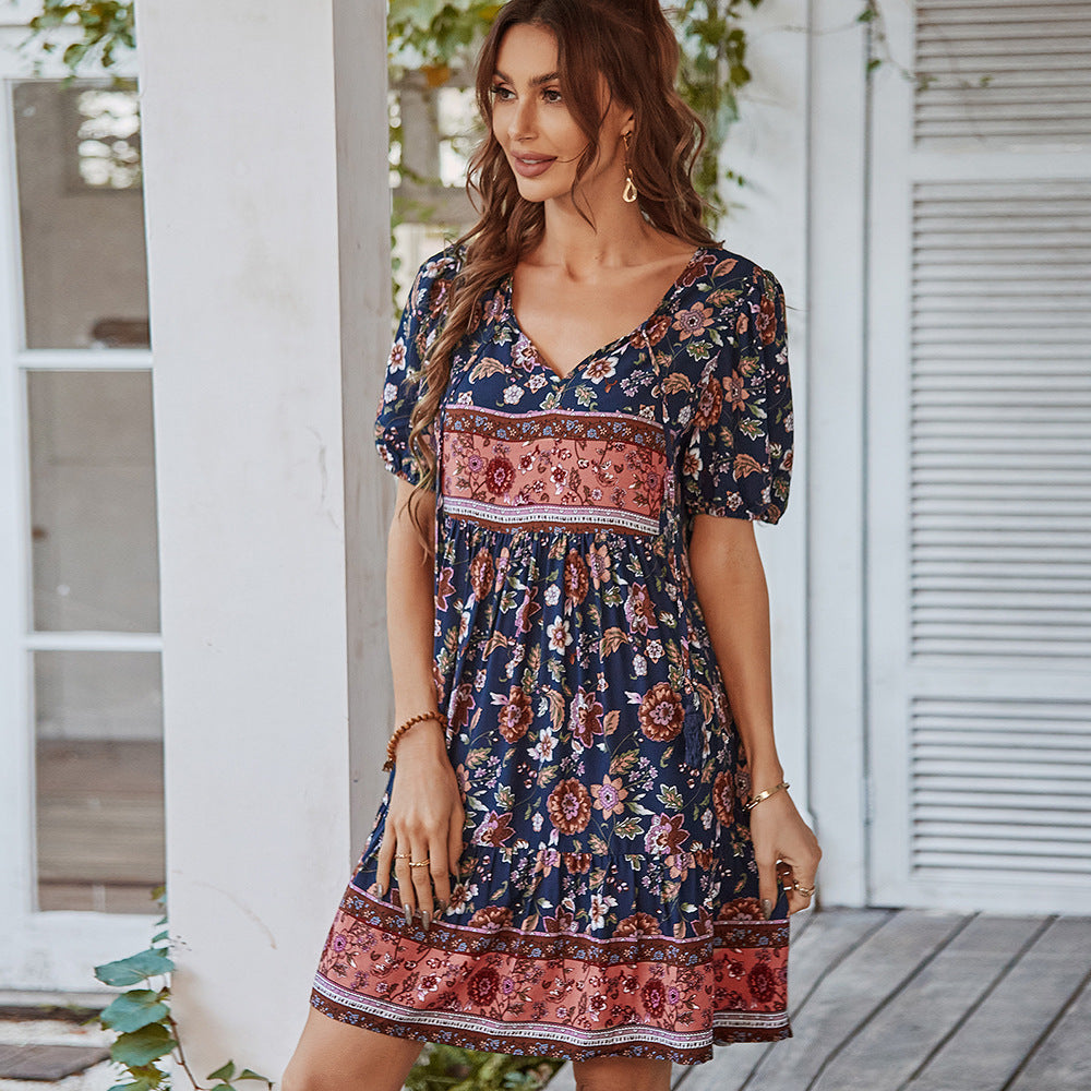 Vestido elegante bohemio de verano con estampado floral para mujer